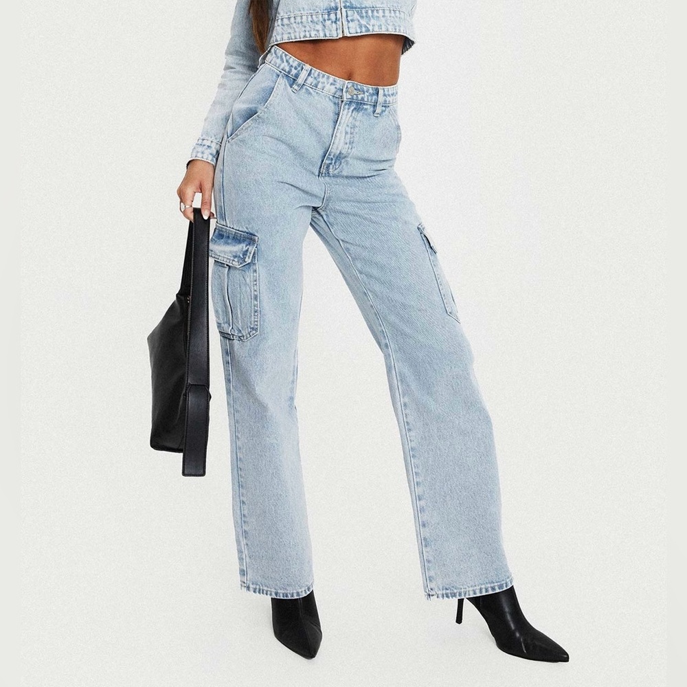 NWT Princess Polly Cargo High Rise Jeans Belgrove Snow Wash Denim Size 8 NEW